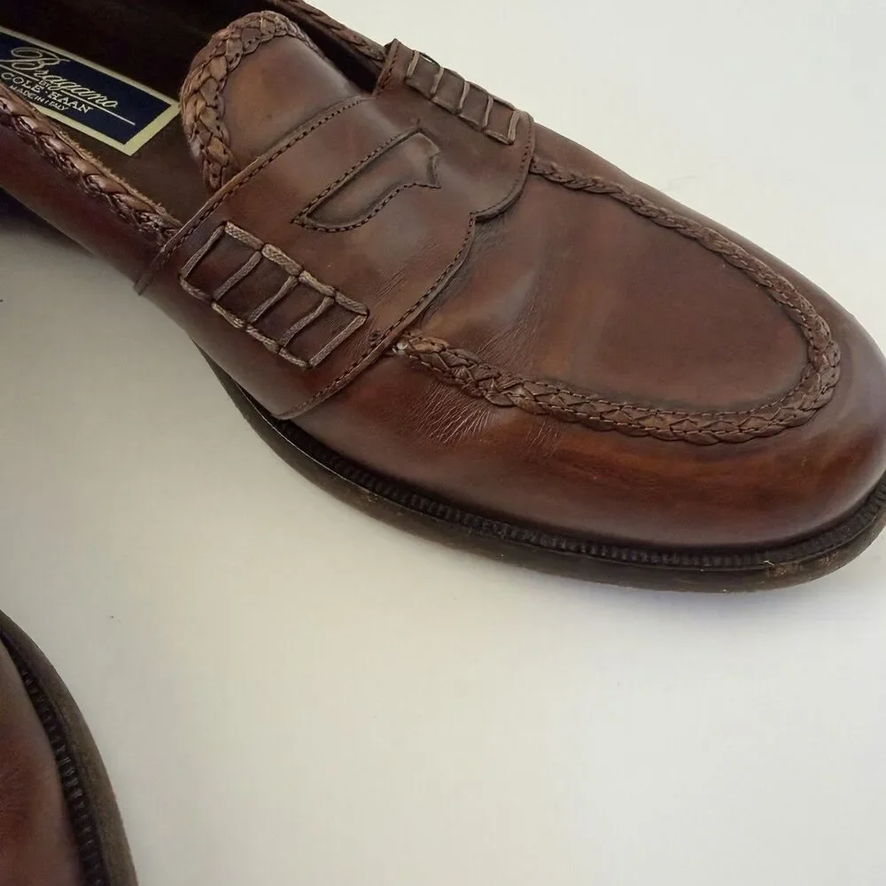 Bragano by Cole Haan Mens 11 M Brown Leather Penny Loafers Italy Braided